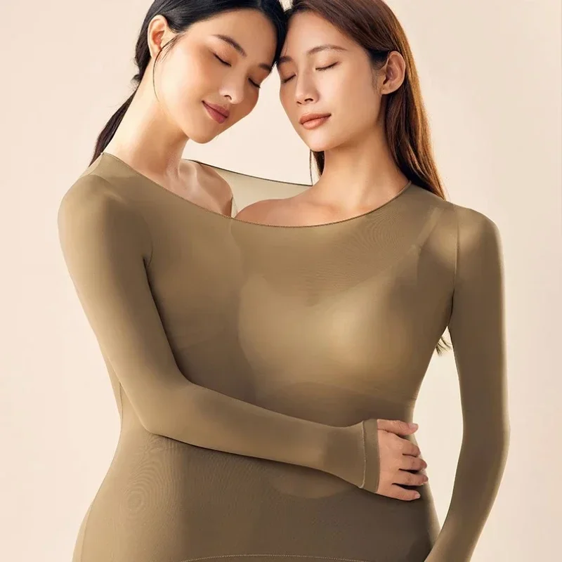 Women Thermal Underwear Set Long Sleeve Bottoming Top Thin Seamless Long Johns High Elastic Autumn Winter Skincare Thermal Set