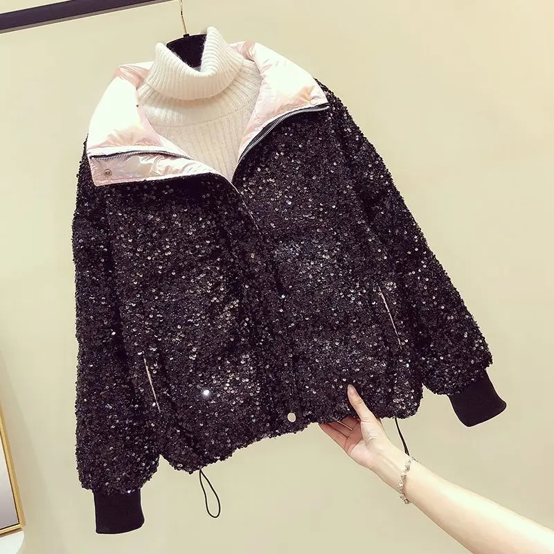 Luxury Crystal Sequins Thickened Down Cotton Coat  Ladies Fashion Loose Bread Jacket White Casual Winter Warm Coat Parkas Women