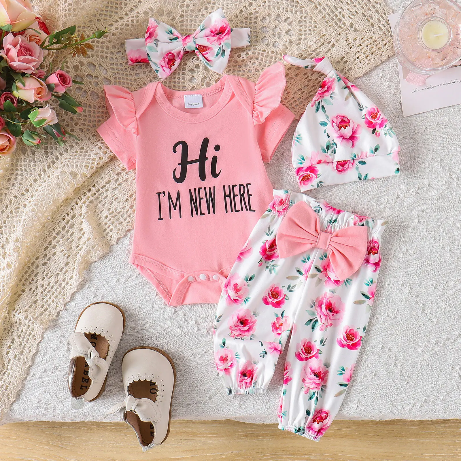 

Комбинезон с короткими рукавами и милым принтом для маленьких девочек, с цветочными брюками, повязкой на голову и шапкой для дня рождения, фотосессии, повседневной носки