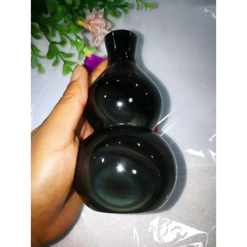 

Top!! Natural rainbow obsidian quartz crystal stone beautiful rainbow obsidian crystal gourd