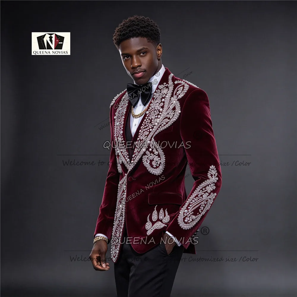 Exclusive Men's Velvet Suit Set For Wedding Brillia Stones Beaded Embellished Groom Tuxedo Customized 3-Piece Trajes Para Hombre