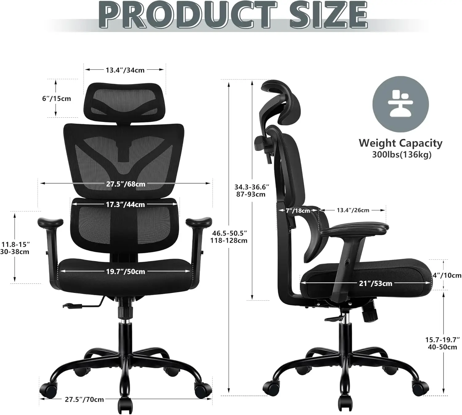 Silla de oficina ergonómica, asiento de escritorio, respaldo alto, grande y alto, reclinable, cómodo, negro