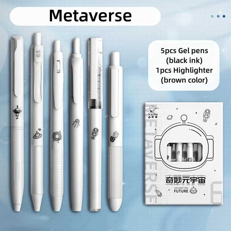 6pcs Metaverse Gel Pens Highlighter Set Space Travel 0.5mm Ballpoint Black Color Ink & Coffee Marker for Writing A7440