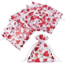100pcs Red Love Heart Organza Bags Wedding Party Gift Candy Drawstring Bag Christmas Valentines Day Jewellery Pouches Display