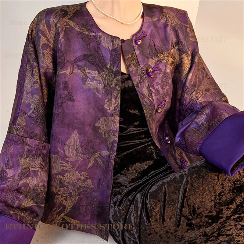 

Luxury Jacquard Satin Tang Suit Tops Chinese Tradition Costume Vintgae Hanfu Jacket Loose Casual Female Coat Outwear Streetwear