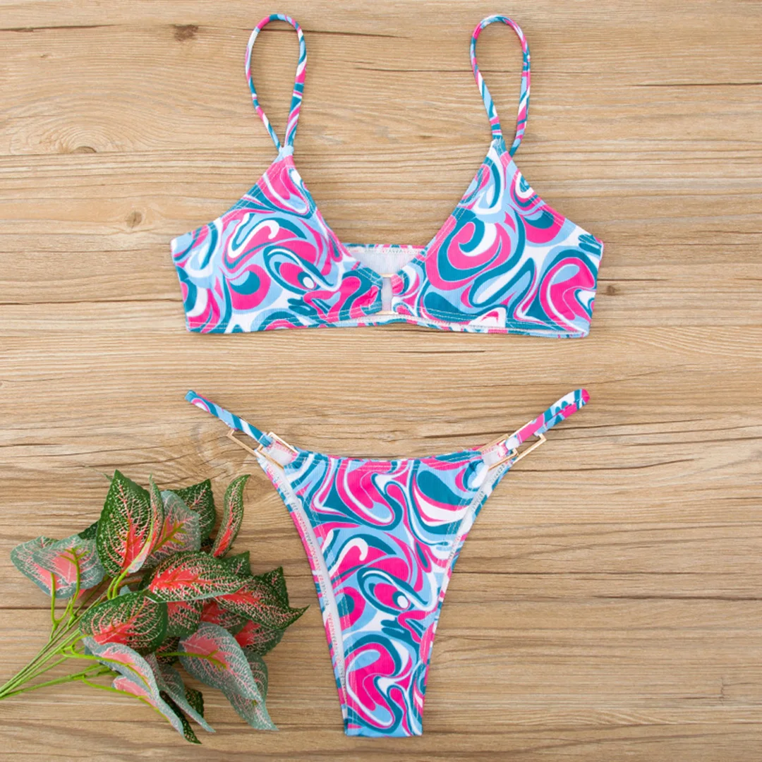 Sexy, gerippter, hoch geschnittener Bikini, Damen-Badeanzug, zweiteiliger Bikini mit Polsterung, Badebekleidung, Badeanzug, Damen-Bikini V7111 – Detail 35