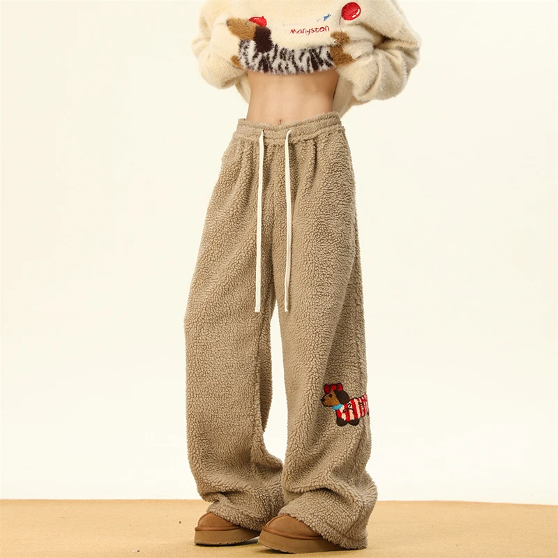 Lambwool Fluff Embroidery Wide Leg Pants Ankle Length Lace-up High Waist Spodnie Casual Pantalones Korea Warm Women Sweatpants