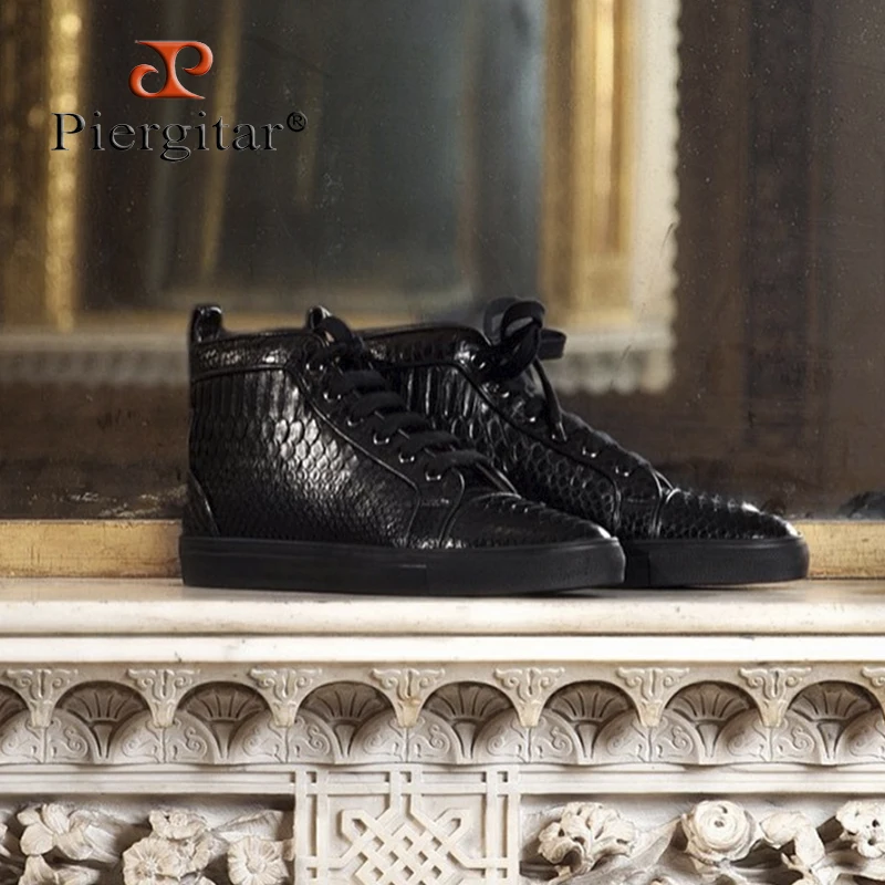 Piergitar 2025 New Design Black Color Crocodile Print Calf Leather Men's High-Top Sneakers Handcrafted Sporty Style Lace Boots