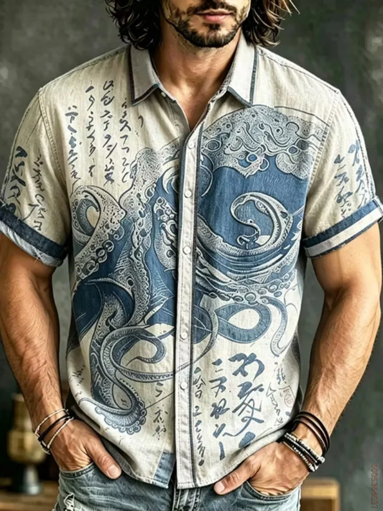 Men's short sleeved shirt, bamboo landscape calligraphy printed top, versatile shirt for daily commuting, vacation and travel
