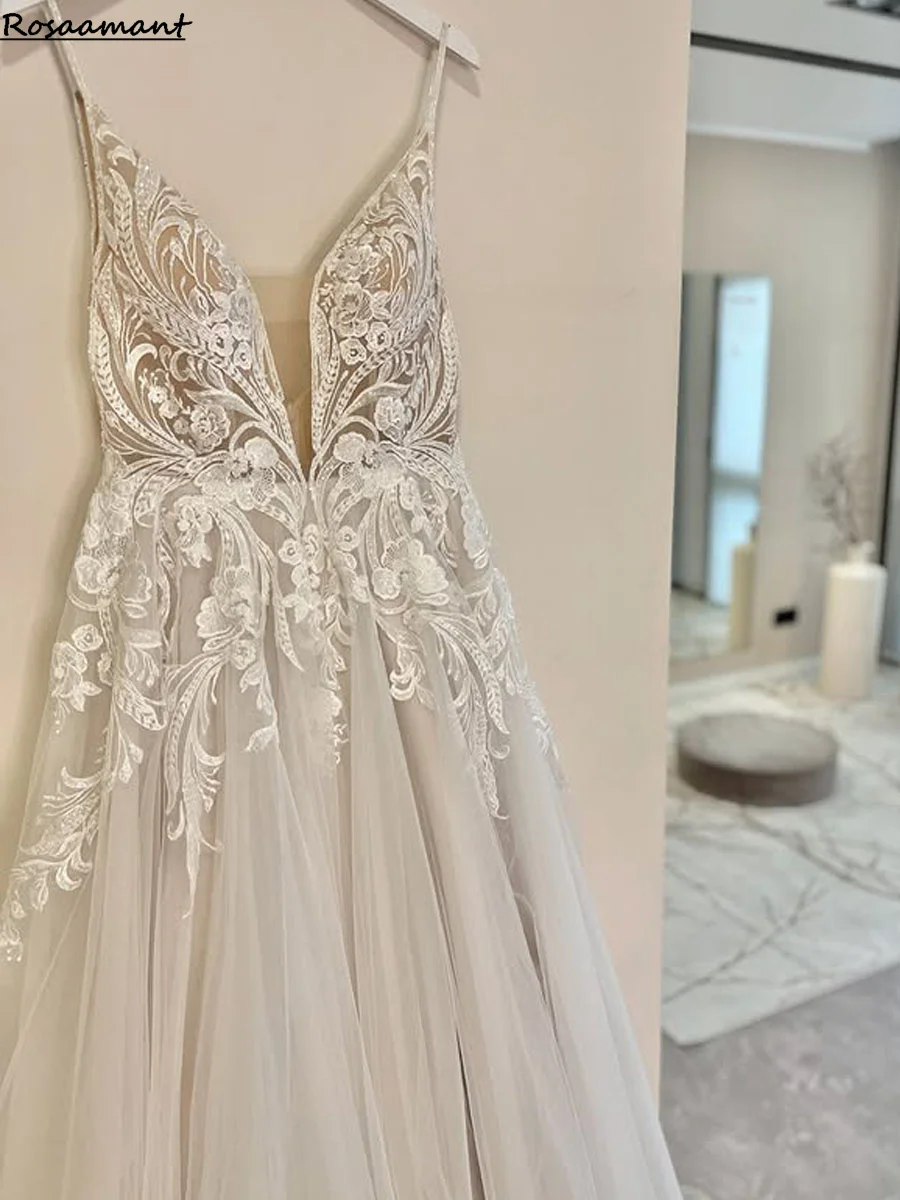 Romantic Lace Scoop Wedding Party Dresses For Bride A Line Foor Length Backless Women Boho White Bridal Gown