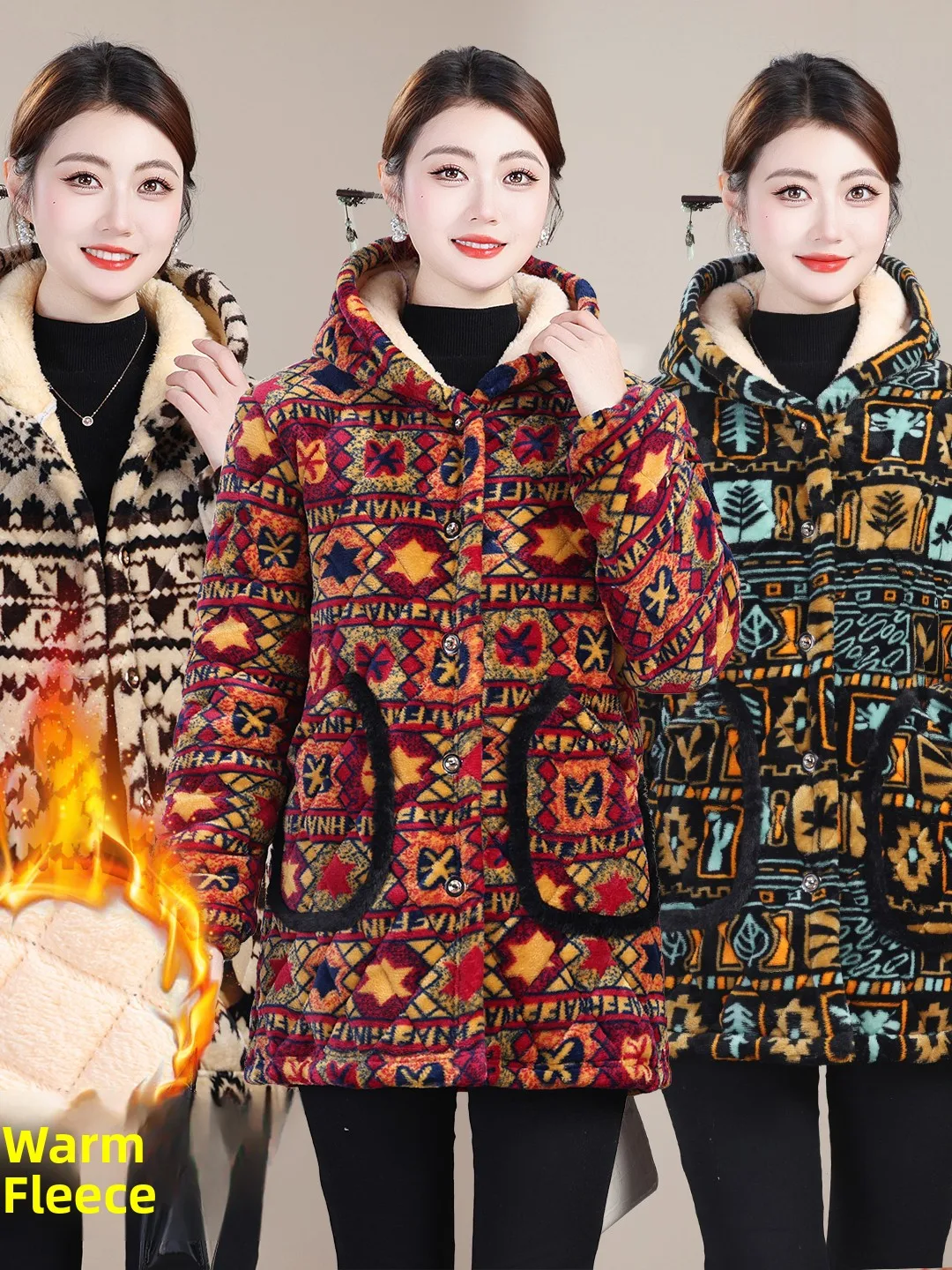 

Thiened Fce Women's Cotton Jaet Hat Hooded Printed Winter Coat Anti-freeze New Sle Tee-layer Warm Mom Coat