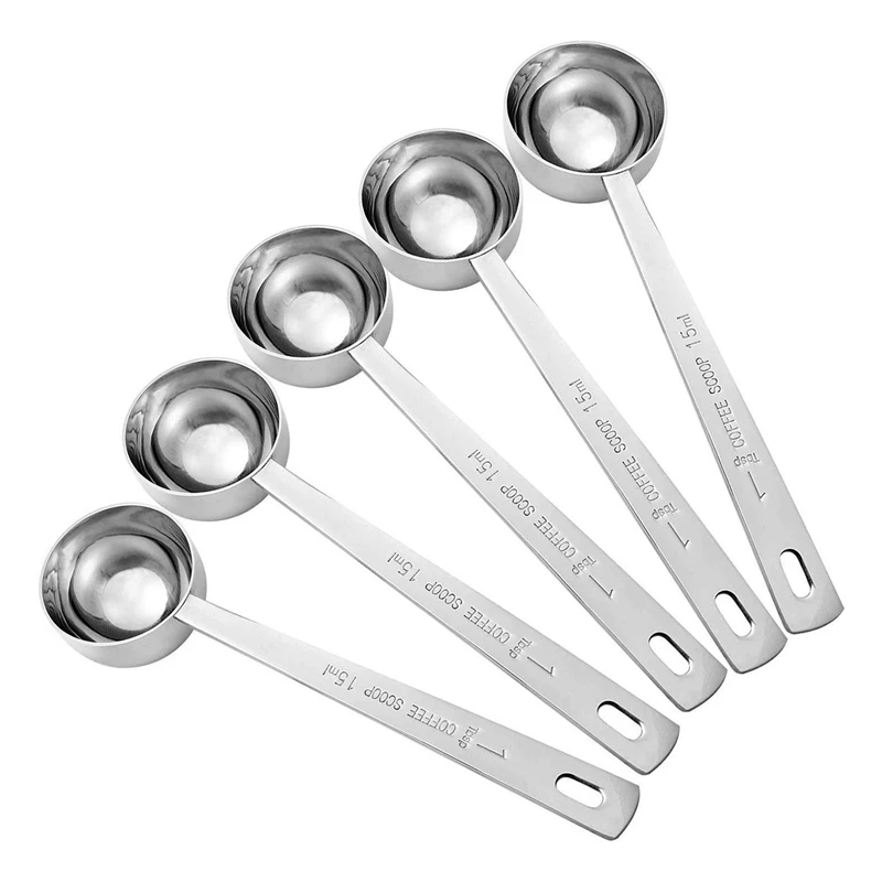 Coffee Measuring Scoop 1 Tablespoon Long Handle Stainless Steel Spoon For Coffee, Milk Powder, Fruit Powder, Set Of 5