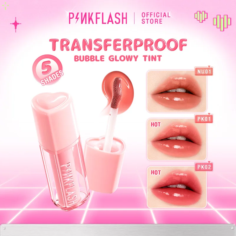 PINKFLASH Transparent Bubble Glowy Lip Glosses Color Lock Moisturizing Lightweight Liquid Lipstick Non-sticky Lip Tints Makeup