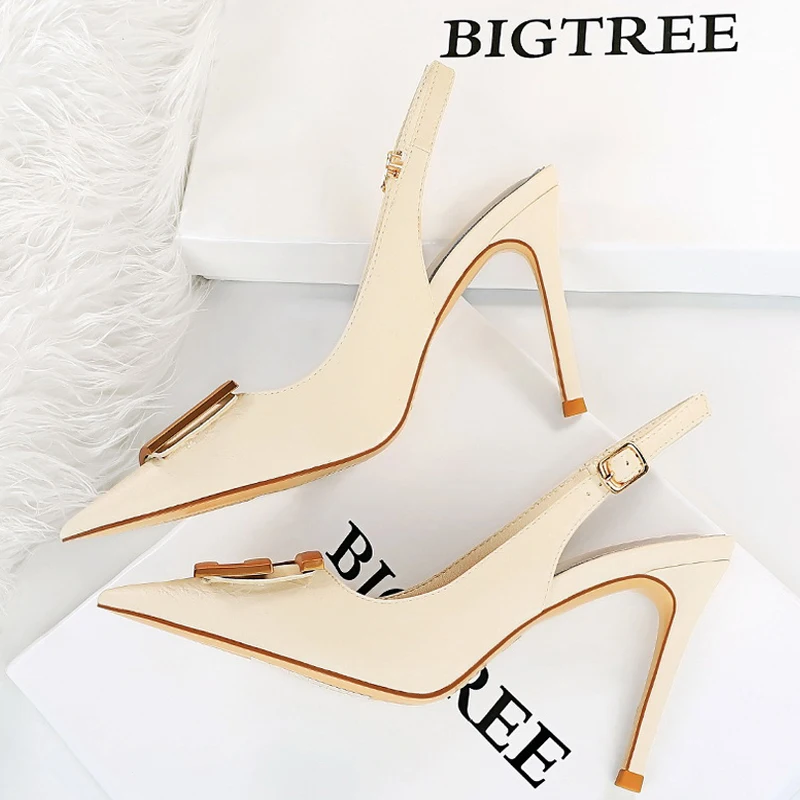 BIGTREE Shoes Pointed Toe Women Pumps Metal Square Buckle High Heels Stiletto Sexy Party Shoes Summer Women Sandals Size 42 43