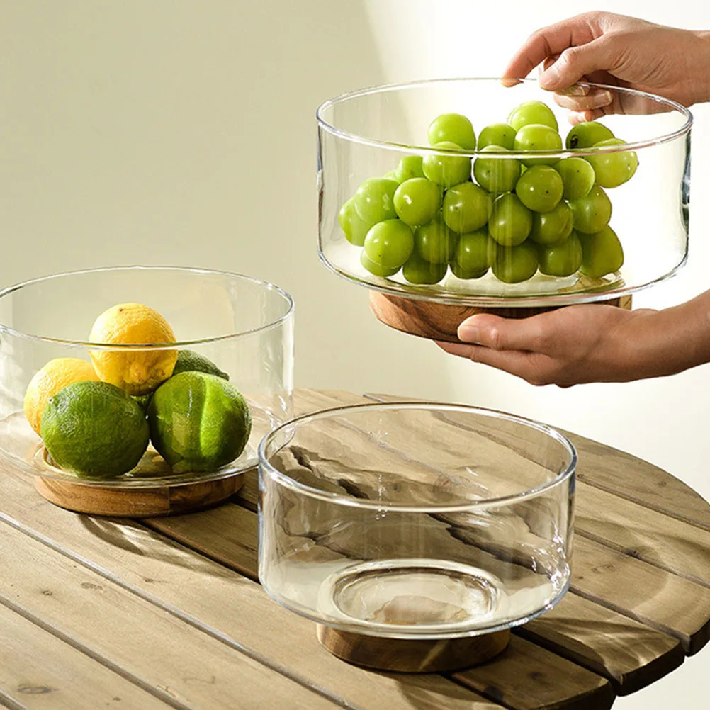 

Wooden Base Plates 1700ML Glass Fruit Snack Tray Multi Functional Serving Dishes Household Food Storage Container Cake