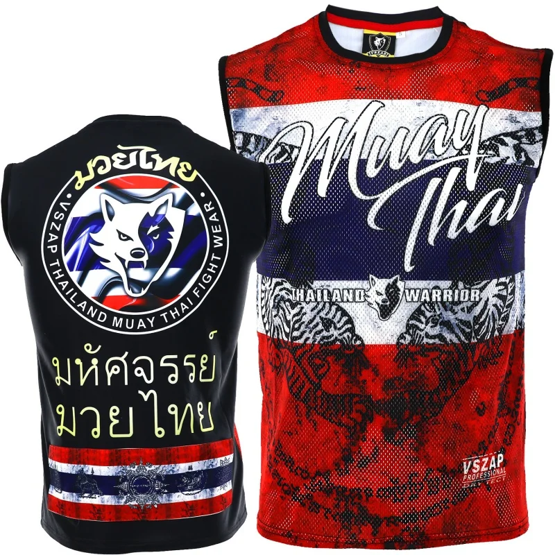 Vszap Thailand Tiger t-shirt Muay Thai bez rękawów Stretch szybkoschnący kamizelka treningowa męska walka Fitness taktyka MMA