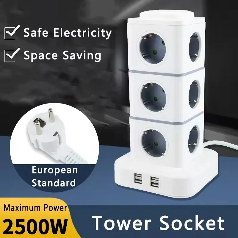 Tower Multiple Socket EU Plug Extension Power Strip with USB Switch Surge Protection 1.8M Extension Outlet 250V 10A