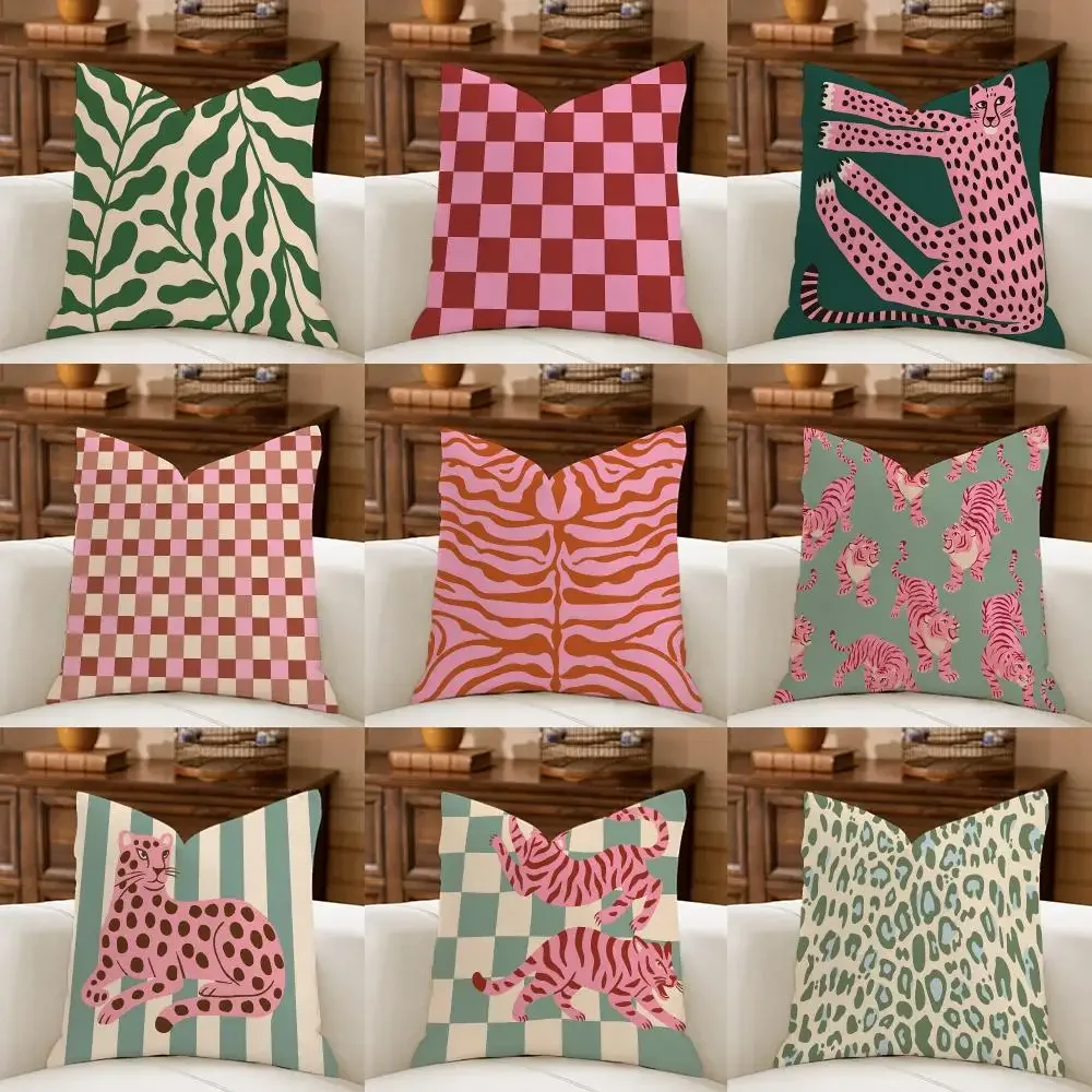 Pink Tiger Sage Green Checked Cushion Cover Natural Breathable Durable Linen Printed Decor Pillow Case Sofa Bedroom