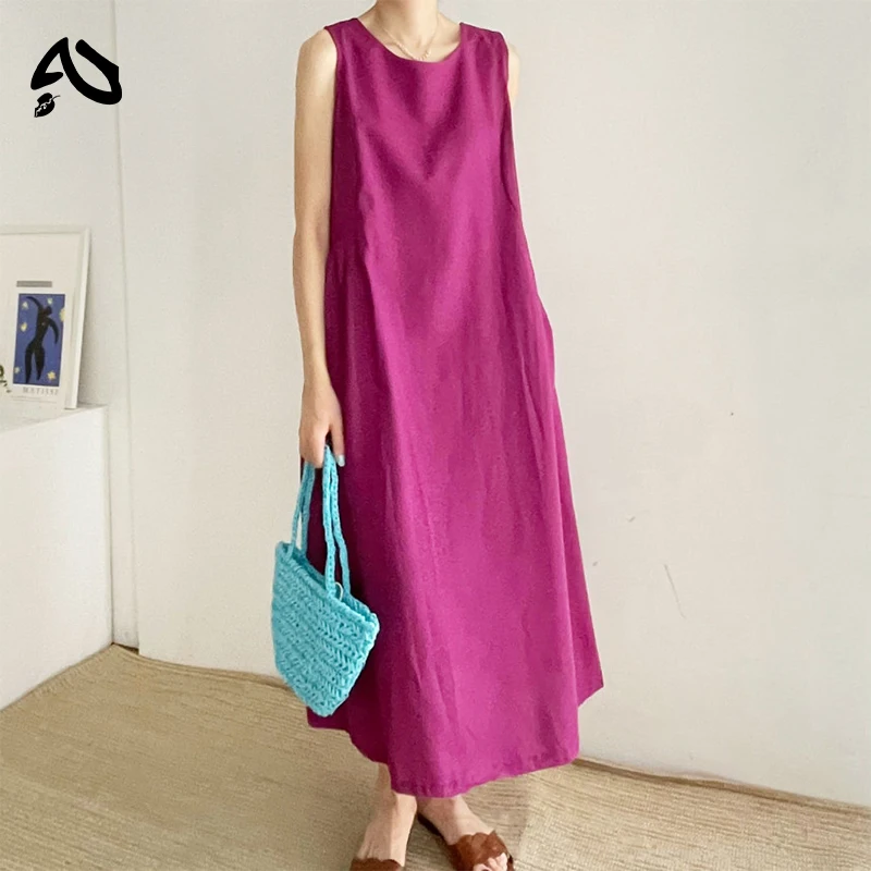 

Cotton Linen Sleeveless Dresses Woman Clothing Loose Solor O-Neck Long Dress Ladies Casual Robes New Y2k Colors Summer Sundress