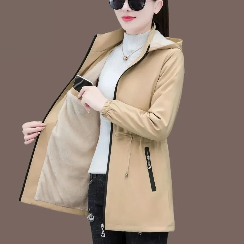 Vrouwen Jas Windjack 2024 Herfst Winter Warm Midden Lange Capuchon Fluwelen Trenchcoat Koreaanse Vrouwelijke Bovenkleding