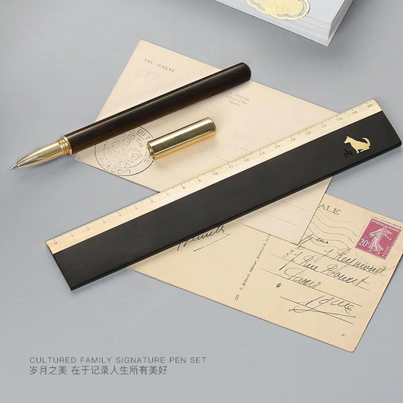 China Traditional Style BlackWood Gel Pen Brass Ruler Paperweight Set Creative Gift for Bussiness Office Supply Customized