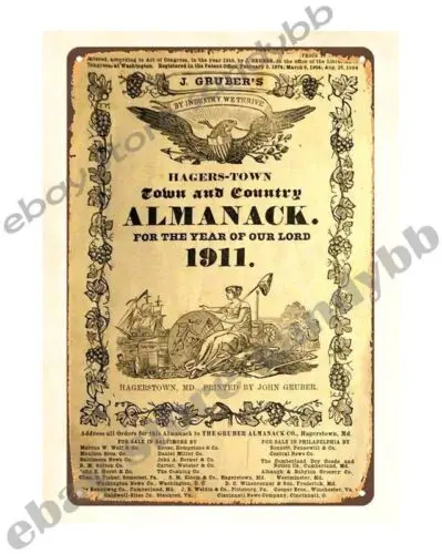 1pcs 1911 Maryland Town Country Almanac Cover Hagers-Town metal tin sign