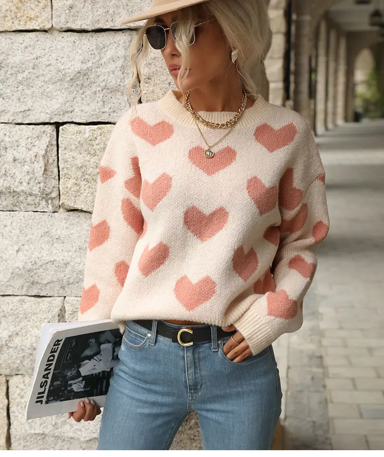 

Women's long-sleeved sweater autumn and winter 2025 Valentine's Day heart-shaped printed warm sweater casual love pink sweater