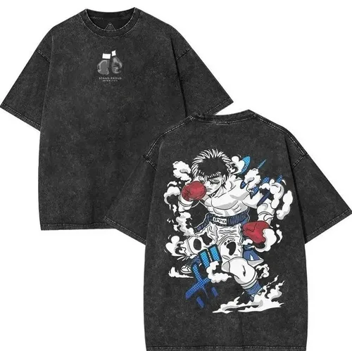 Imagen 2 del producto Camiseta lavada Vintage de Anime Ippo Makunouchi, ropa de calle de moda Retro lavada para parejas Unisex de gran tamaño, ropa de calle clásica suave de algodón a la moda