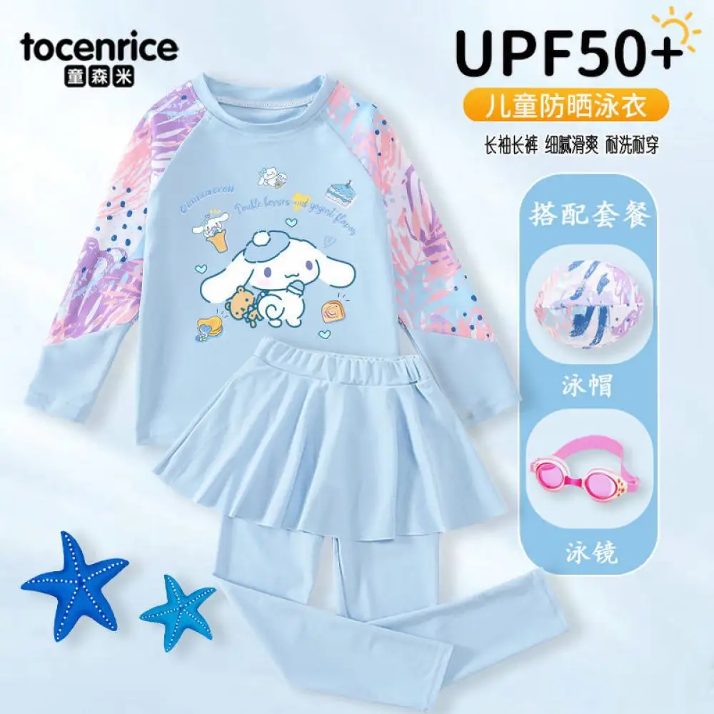 

Детский купальник Sanrios Cinnamoroll для девочек, профессиональный быстросохнущий солнцезащитный крем с длинными рукавами, брюки, купальники, пляжная одежда