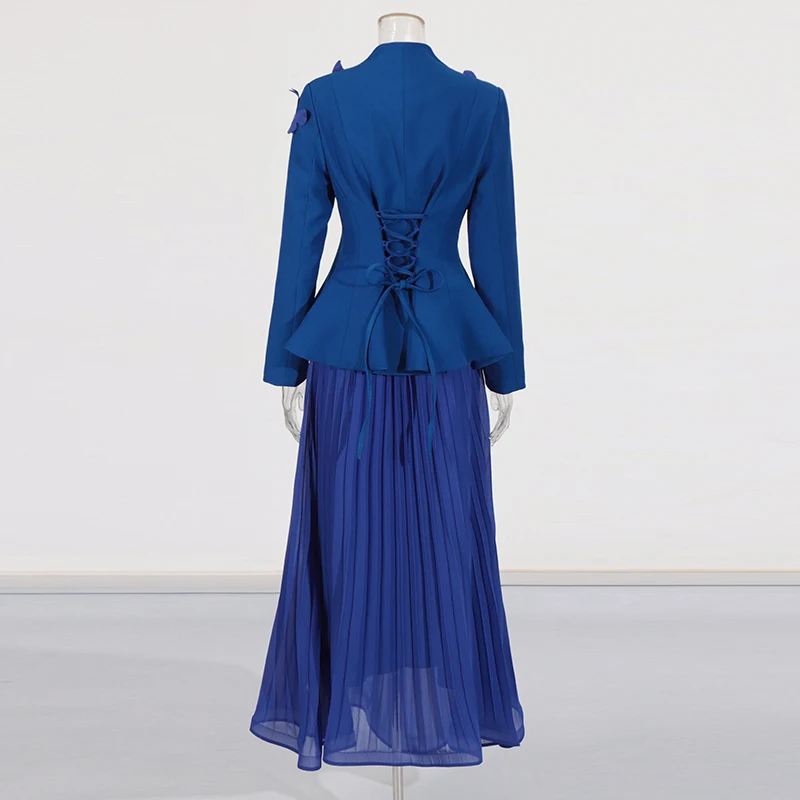 TWOTWINSTYLE Solid Two Piece Set For Women V Neck Long Sleeve Tunic Designer Coat High Waist Pleated Skirt Formal Set Female New