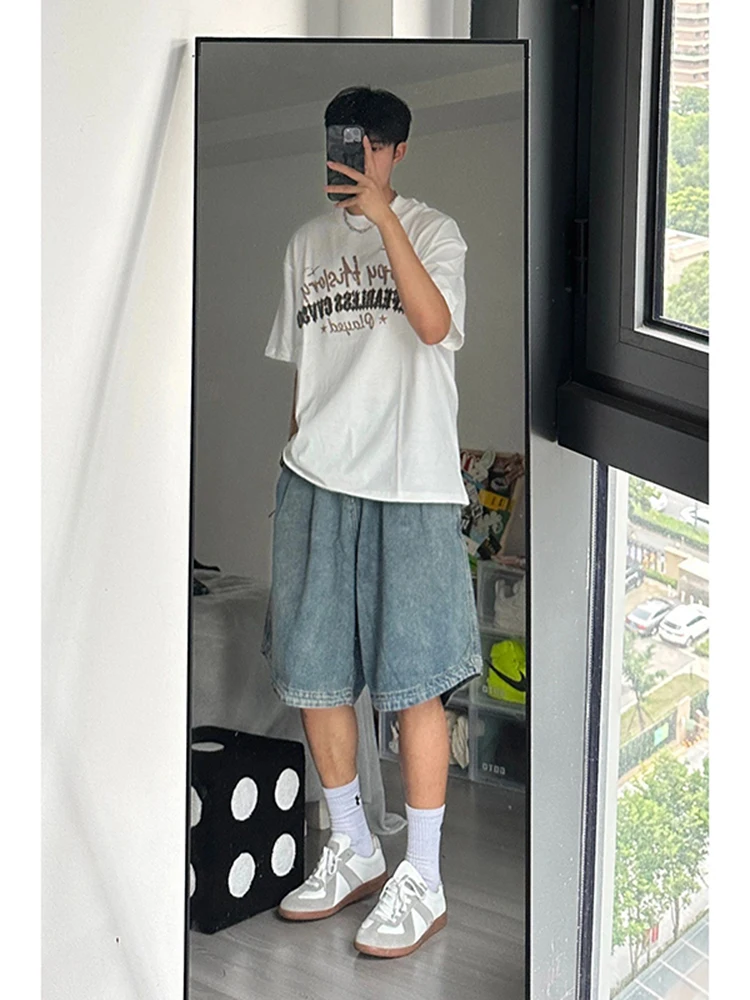 

American Retro Denim orts Men's Summer High Street over Knee Wide Leg Six Foot Pants Cotton Polyester Blend Jeans