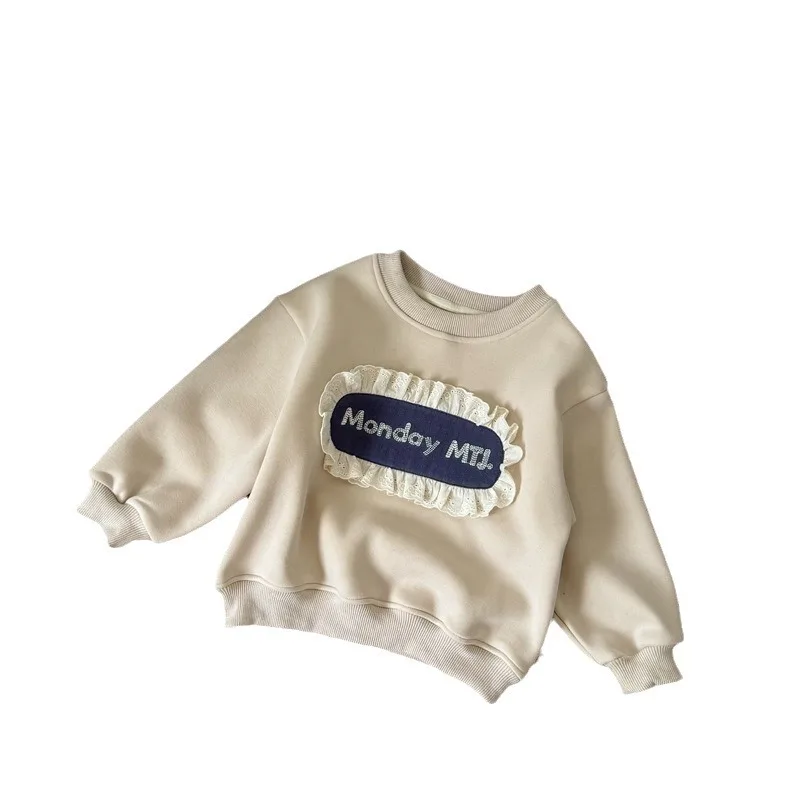 2024 Winter New Children Fleece Sweatshirt Letter Embroidery Baby Girls Plus Velvet Thick Lace Sweatshirt Kids Warm Pullover Top