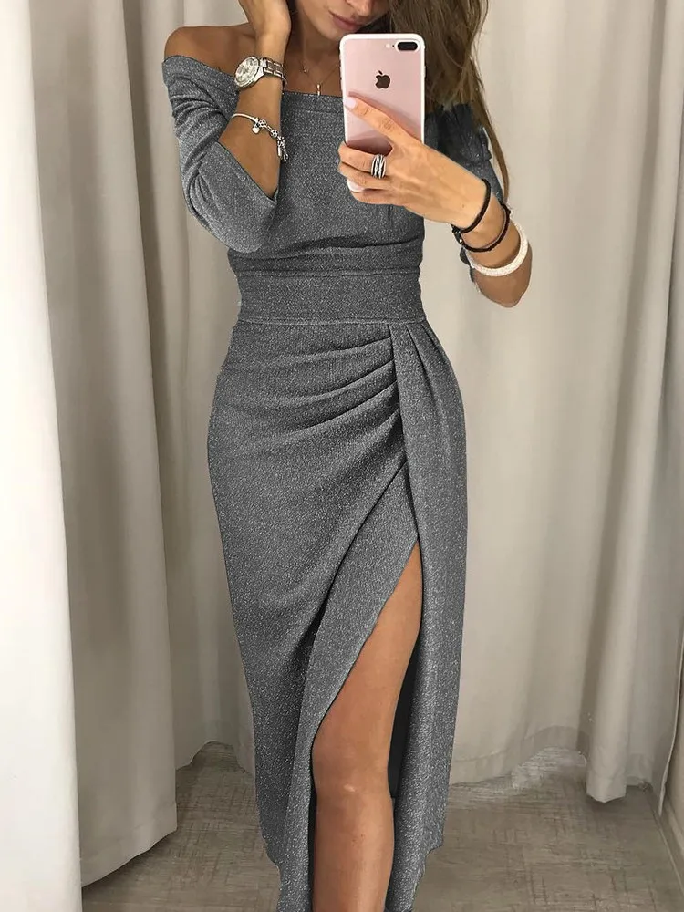 Sexy Off Shoulder Bodycon Dress Women Summer Autumn Long Sleeve Bright Glitter Slit Fashion Elegant Evening Party Long Dress