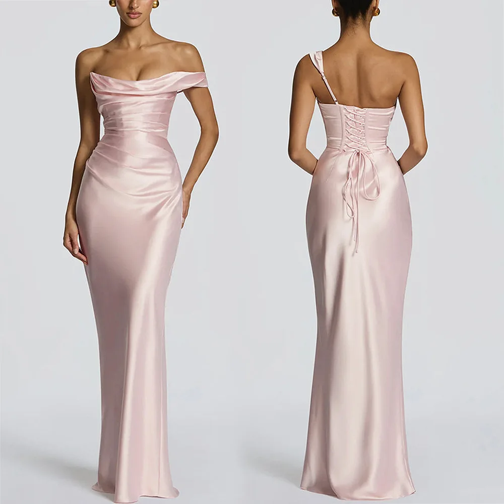 Light Luxury Satin Evening Dress with One Shoulder, Backless Straps, Temperament, Long Dress