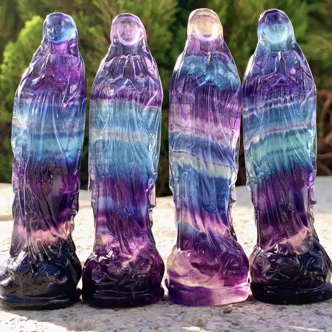 10cm Macaron Color Green Purple Fluorite Crystal  Virgin Mary Mother of God Carved From Natural Stones Madonna Statue Goddess