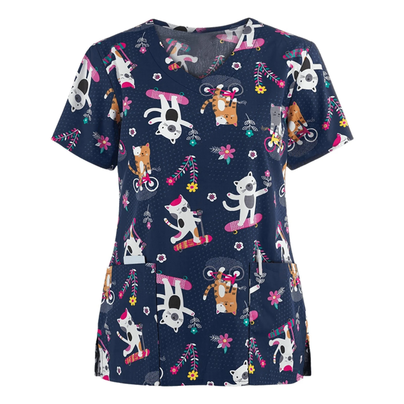 Uniforme de trabajo para mujer, Tops de manga corta con cuello en V y estampado de animales de dibujos animados de gato y perro, blusa para mujer, Ropa de Trabajo de enfermera, uniformes médicos para enfermera