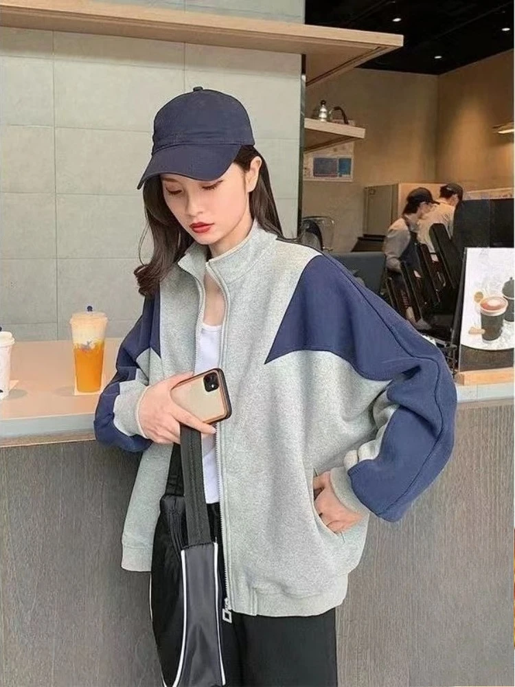 ​ 原宿系レディースベースボールジャケット 2025 ルーズカラーブロックフーディー 学生ジャケット コントラストデザイン トレンドストリートウェア