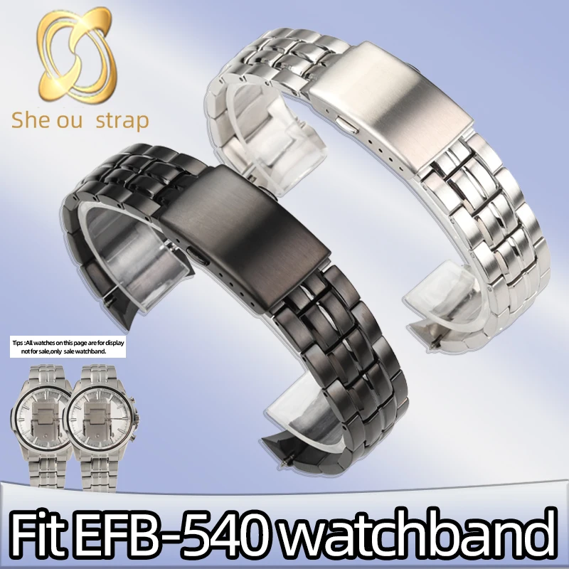 

22mm BLACK SILVER Stainles Steel Watchband For Casio EFB-540 Steel Strip Men's Watch Chain Curved Joint