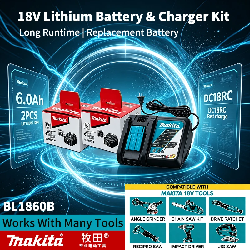 2026 Nuova batteria al litio BL1860B 18V 6.0Ah, compatibile con gli utensili elettrici Makita 18V (con caricabatterie)