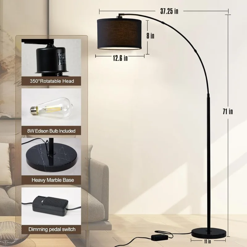 Imagem -06 - Dimmable Arc Floor Lamps com Cabeça Ajustável Lâmpada de Assoalho Moderna sobre Sofá Alto Pendurado Luz Acabamento Preto