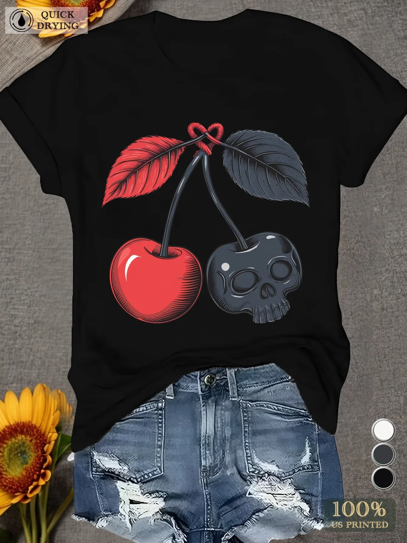

cherries Skull Women's Plus Size Sports Short Sleeve T-Shirt Regular Fit Slight Stretch Fabric