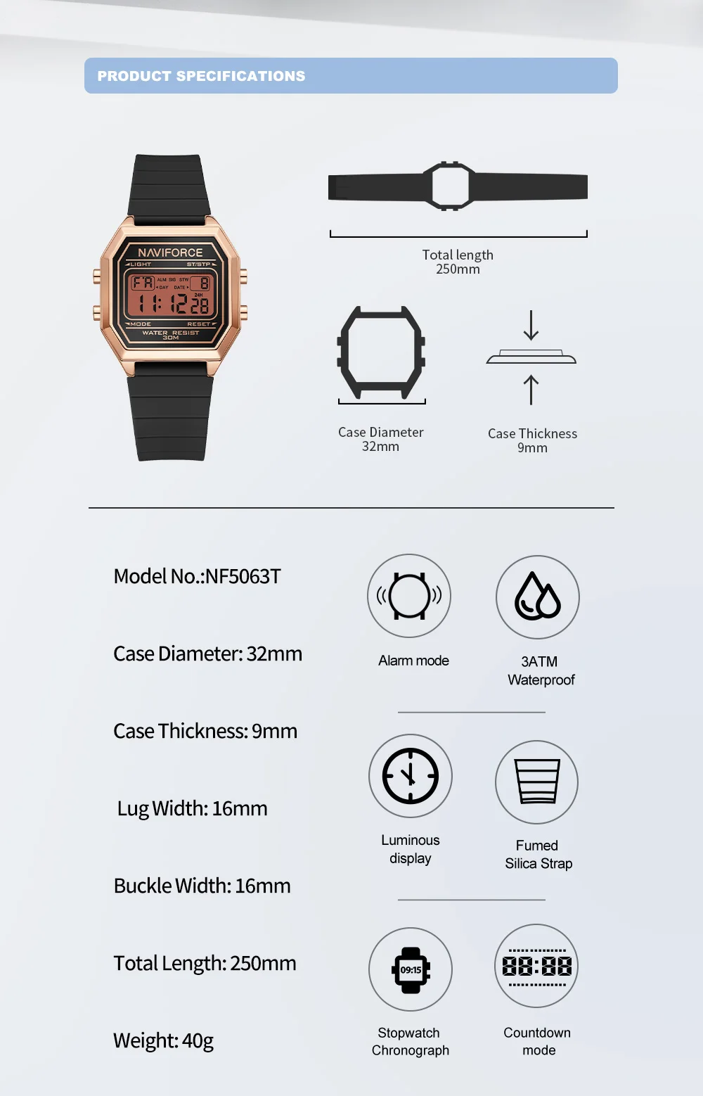 NAVIFORCE NF5063T Women's LCD Digital Sports Watch Silicone Strap Time Display 3ATM Waterproof Woman Fashion Watches - Image 2