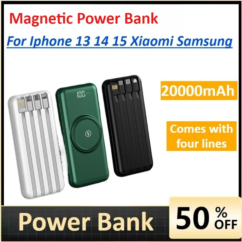 

20000mAh Wireless Power Bank For Iphone 13 14 15 Xiaomi Samsung Fast Charging Built-in Quad Power Cable Mobile Phone Charger