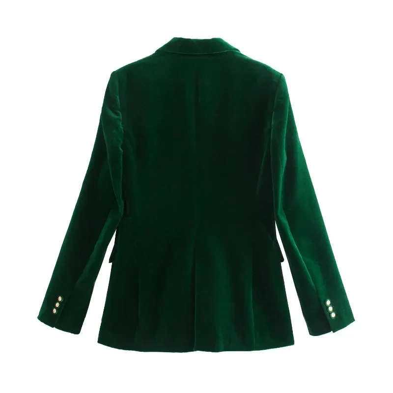 سترة نسائية مخملية أنيقة موضة ملابس مكتبية بأزرار وأكمام طويلة وجيوب سترة عتيقة ملابس نسائية خضراء
