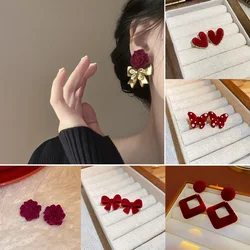 Vintage Women Red Suede Camellia Flower Heart Shaped Butterfly Bow-knot Pearl Stud Earrings Fashion Earrring Wedding Jewelry K-