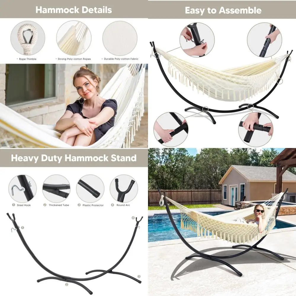 

Double Outdoor Hammock with Stand, Tassel-Decorated for Outdoor Use, Beige