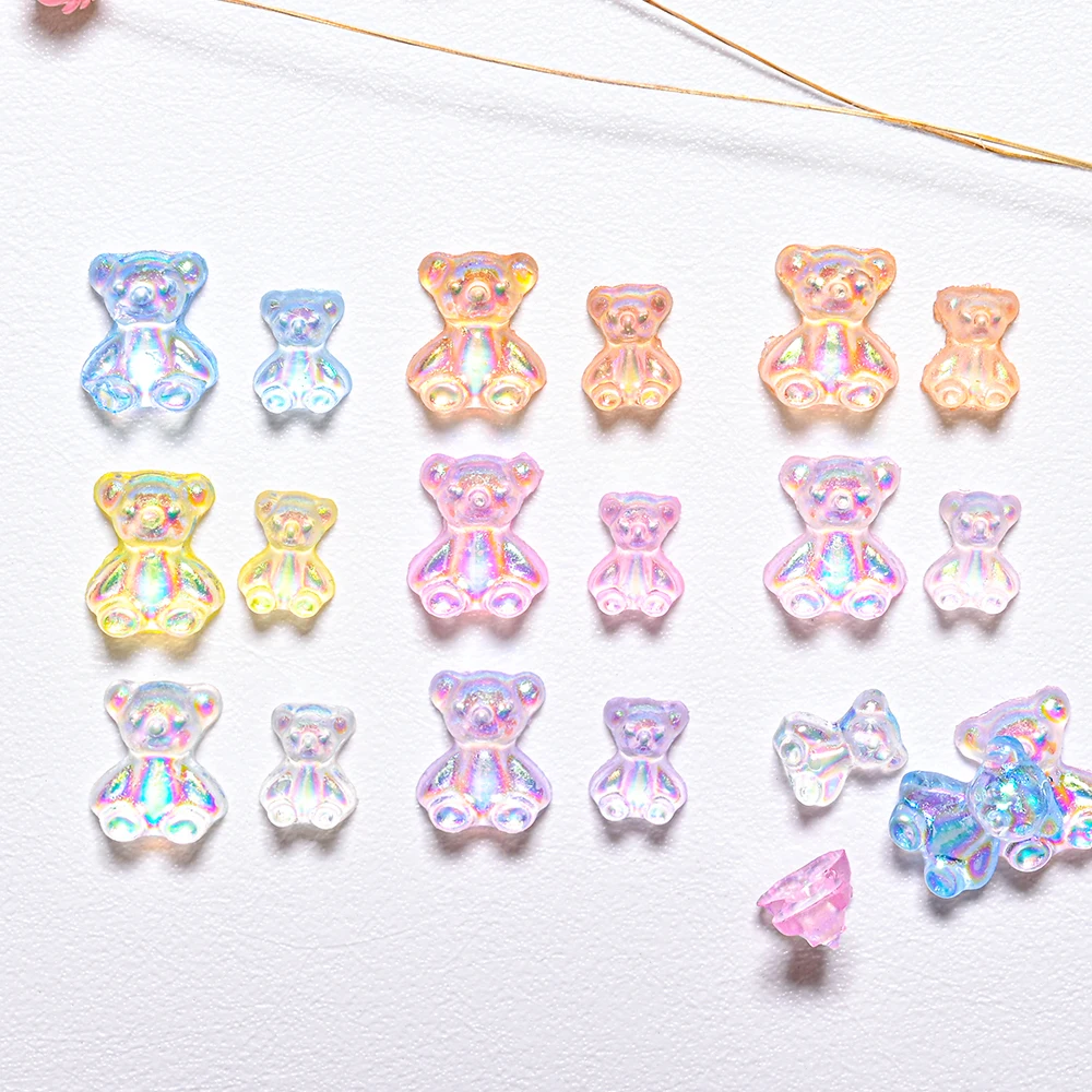 100pcs Mini Resin Gummy Bear Nail Charms Mixed Iridescent AB Candy Bear 7mm/9mm Aurora Bear Nail Parts Jewelry Making Nail Charm