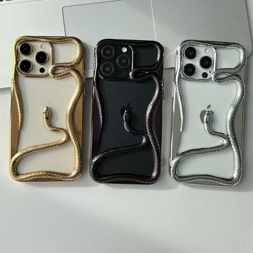 Fashion Snake Pattern Case For iPhone 16 Pro Max 15 17 Pro Luxry Plating Hollow Out Cover For iPhone 13 12 11 Transparent Cover