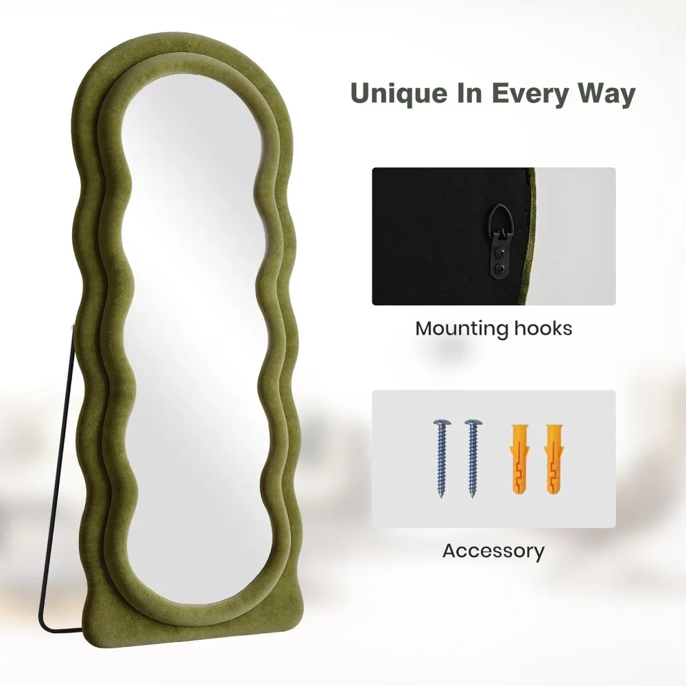 Miroir mural arqué ondulé pour tout le corps, 63x24 pouces, cadre en flanelle verte, miroir mural suspendu pour réflexion pleine longueur