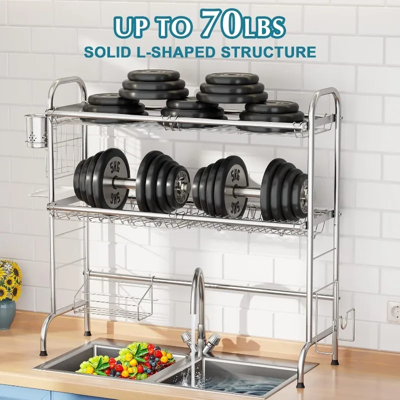 Stainless Steel 2-Tier Over The Sink Dish Drying Rack with Utensil Holder, Large, for Kitchen Counter